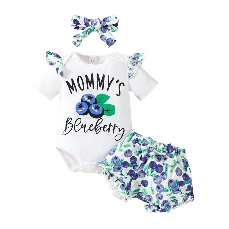 

Newborn Baby Girl Sets Flying Sleeve Letter Printing Bodysuits Bow Short Pants Summer Baby Girls Clothes 0-18 Months