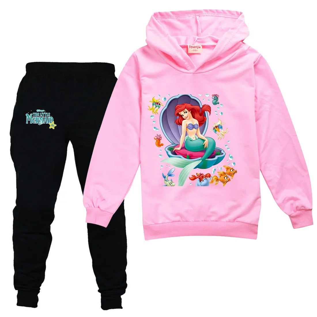 The Little Mermaid Kids Sportswear Suits Girls Casual Hoodie Black Pants Suit Teen Children Outerwear Kid Clothing Baby Sets