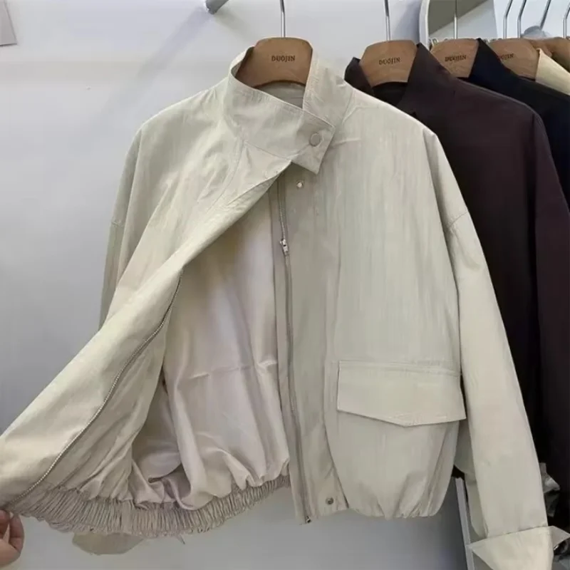 Korean Short Stand-up Collar Jacket Women's Loose Windbreaker Spring Autumn Casual  Tooling Jacket  Female Basic Coat
