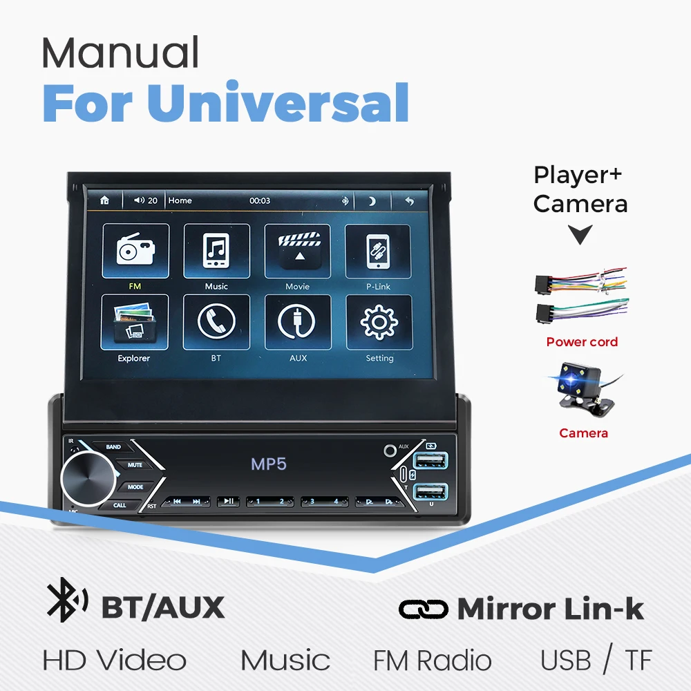 Universal 7" 1din Retractable Screen Car Radio Android Auto Carplay Multimedia Video Player Intelligent Vehicle System BT FM USB image 3