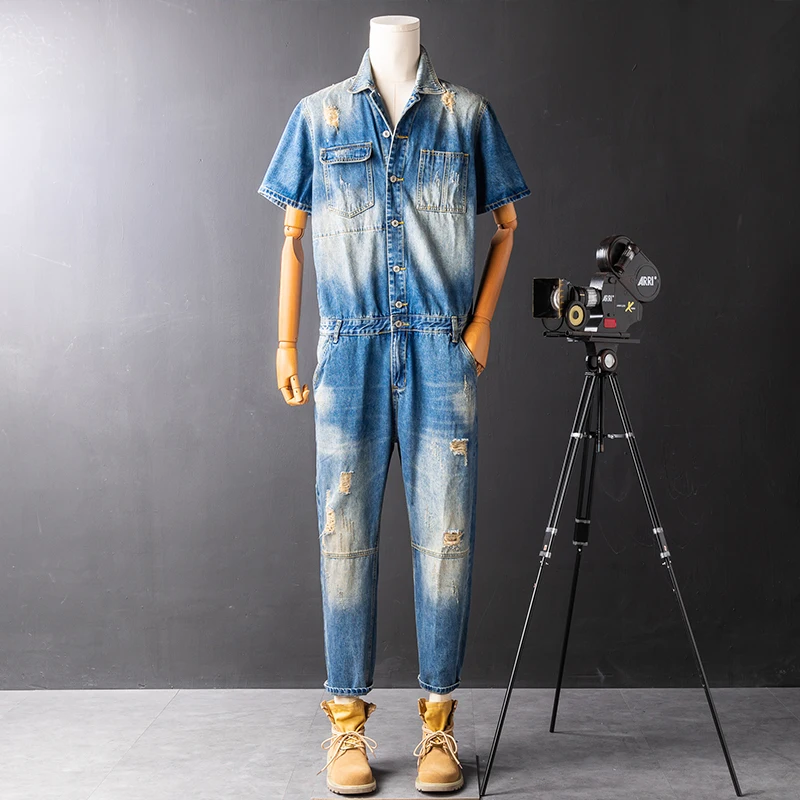 

Men's Summer Vintage Blue Denim Overalls Short Sleeve Workwear Pantsuit Worn Look Casual Youthful Style Four Seasons Wear