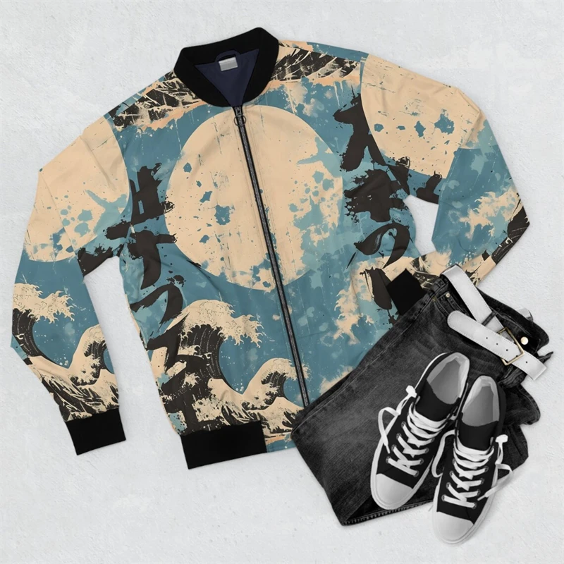 Harjauku Japanese Style Graffiti Art Men's Oversized 3D Jacket Sportswear Autumn Long Sleeve Zipper Sweater Baseball Jackets GYM