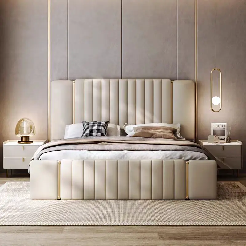 

Modern Stainless Steel Frame Queen King Size Bed PU Leather Upholstered Platform Solid Bed Frame for Home Hotel Furniture