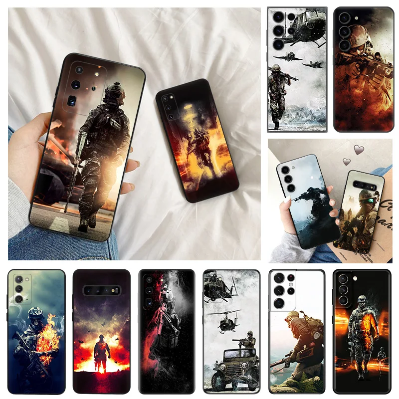 Capa de telefone fosco preta macia para Samsung, capa do soldado do exército, Galaxy S23 5G, S22, S21, S20 Ultra, S10 Plus, FE, Nota 20, 10, 9