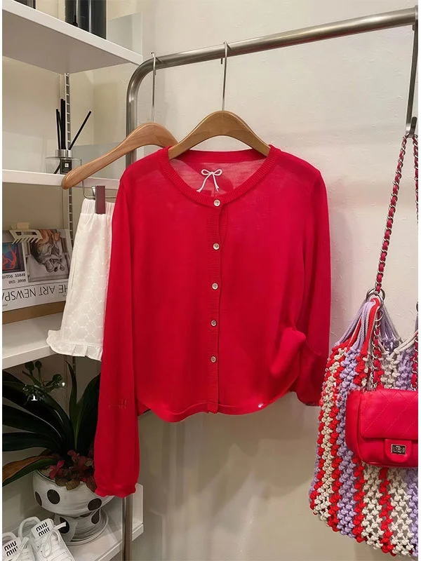 

Red Ice Silk Sun Protection Knitted Cardigan Women's Summer Thin Outerwear awl Ba Knot Embroidery Knitwear