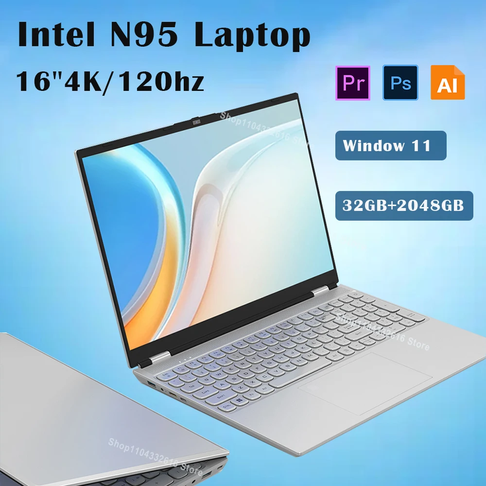 Intel N95 4K HD 120HZ Display Windows 11 16inch 3840*2160 Pro Celeron N95 Laptop Fingerprint Office Gaming notebook