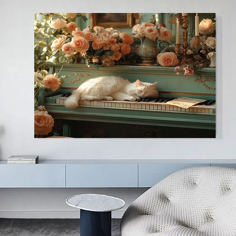 

CHENISTORY-DIY Frame Paint by Number, Little Cat on the Piano Wall Art Picture, Acrylic Canvas Painting for Home Decor