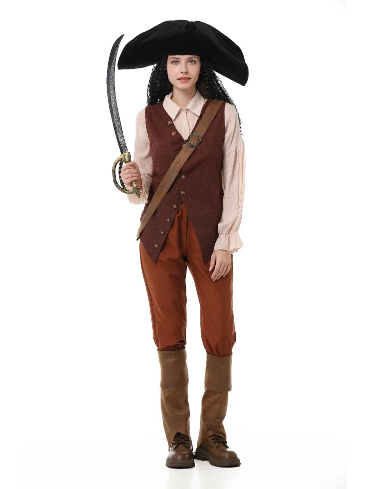 Erwachsenen-Vintage-Piratenkostüm, Gerüschte Bluse, Knopfweste, Schwarzer Dreispitz, Halloween-Bühnenauftritt, Ausgefallenes Outfit-Set – Detail 3