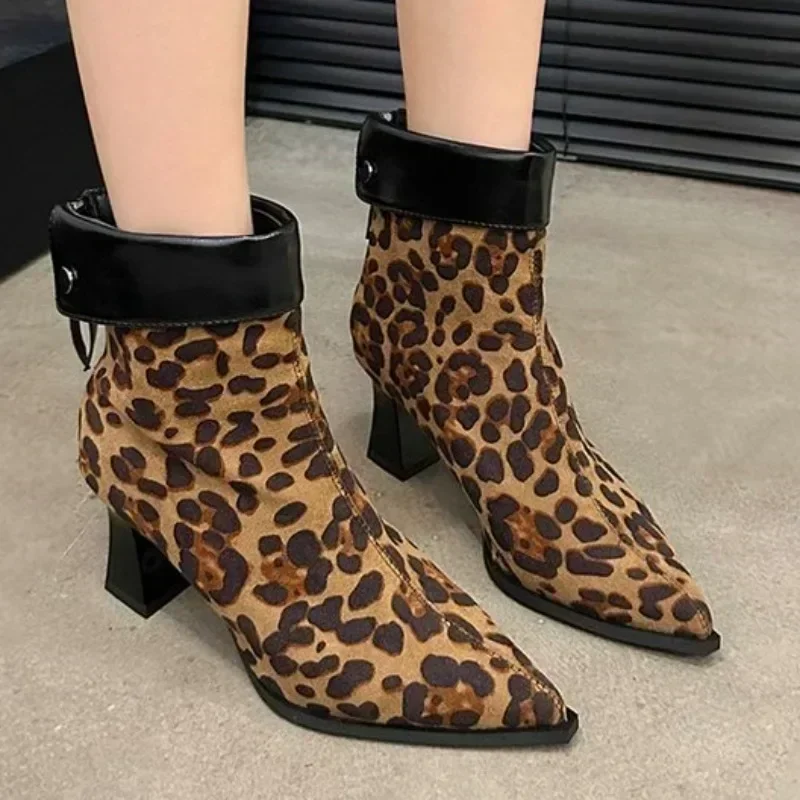 

Leopard Pointed Toe Women Ankle Boots Sexy High Heels Suede Shoes Winter 2025 Trend Elegant Fad Office Pumps Chelsea Botas Mujer