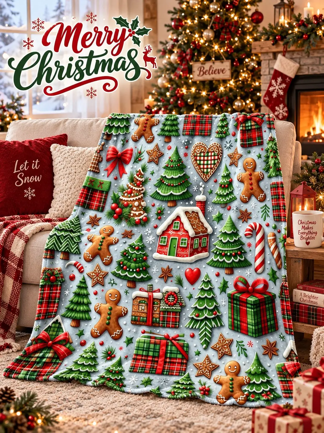 Christmas Flannel Blankets & Throws Gingerbread House Tree Present Bow Sofa Bed Nap Cover Living Room Bedroom Reading Travel Camping Home Decor Anniversary Birthday Gift for Women Men Mom Dad Grandma Grandpa Wife Husband Family Friends Couch Den