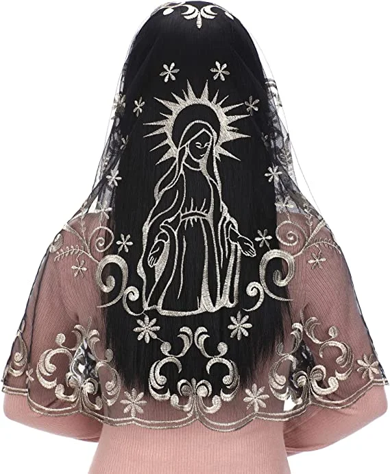 Embroidery Spanish Traditioanl Triangle Scarf Black and White Christian Church Veils for Women