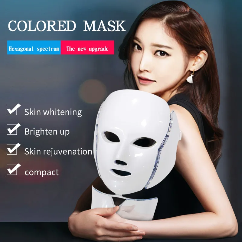 Masker Wajah Led foton elektrik 7 warna, dengan peremajaan kulit leher, Anti Keriput, Jerawat, masker terapi foton perawatan kecantikan kulit