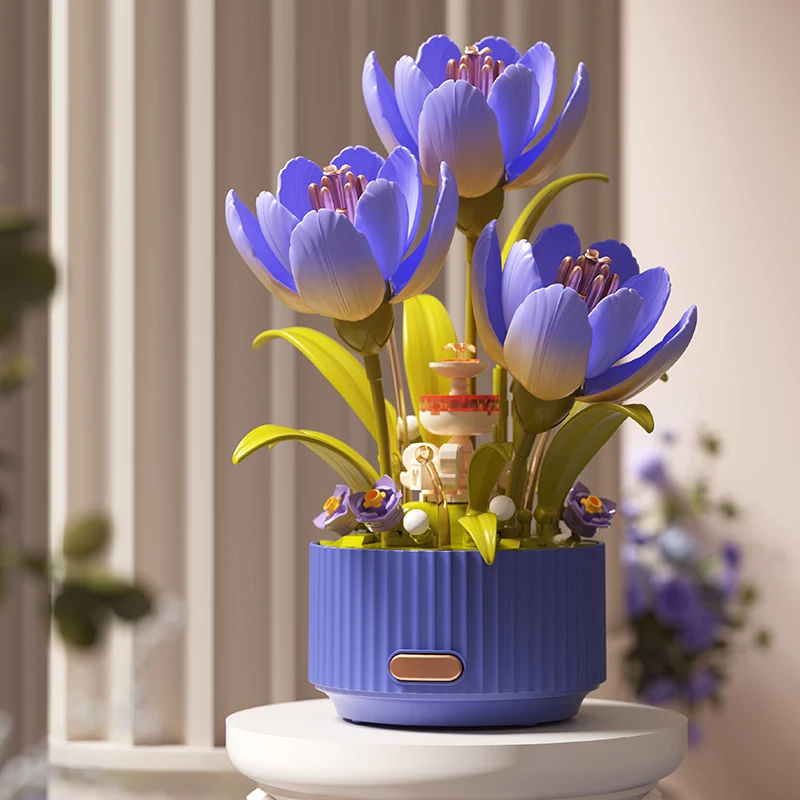 

New Creativity Dynamic Building Block Flower Electric Assembly Tulip Watering Can Control Flower Bouquet Atmosphere Decoration