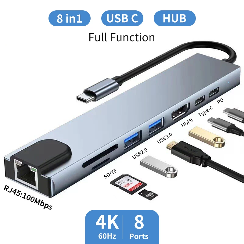 

USB C Hub 8 in 1 TYPE C TO HDMI Type C to 4K HDMI Adapter with RJ45 SD/TF Card Reader Fast Charger For Notebook Laptop