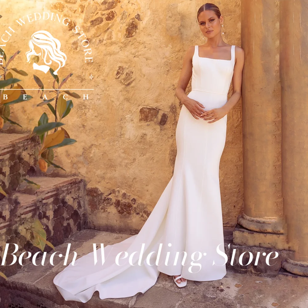 Robe de mariée sirène de plage, col carré, dos nu, sans manches, longueur au sol, Design minimaliste, Simple et élégante, personnalisée