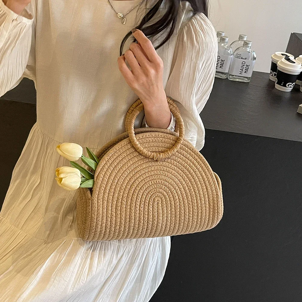 Summer Woven Beach Bag for Women Chic Cotton Rope Clutch Purse Handbag Holiday Raffia Travel Top Handle Hand Bag for Vacation