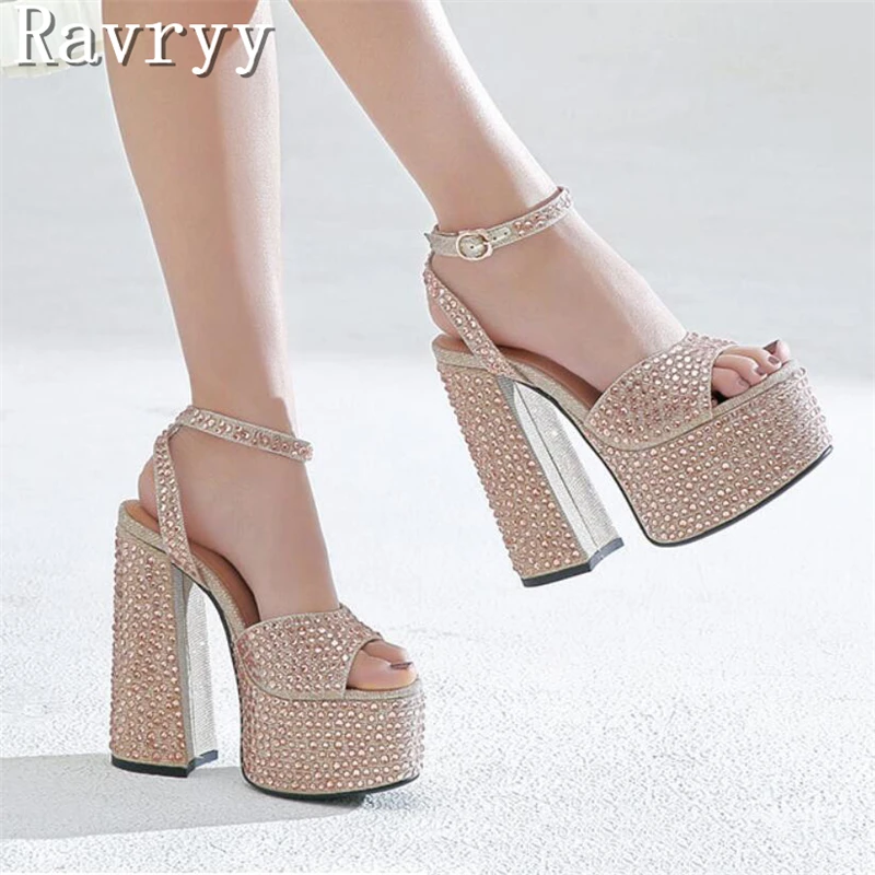 

Crystal Platform Sandals Summer New Peep Toe Super High Heels Wedding Shoes Women Sexy Party Thick Bottom Chunky Sandals