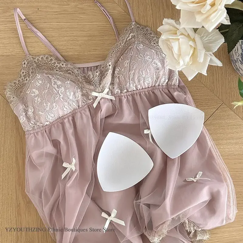

Women Suspender Nightgown Intimate Lingerie Sexy Patchwork Lace Mesh Nightdress Home Dressing Gown Summer Sleepwear Loungewear