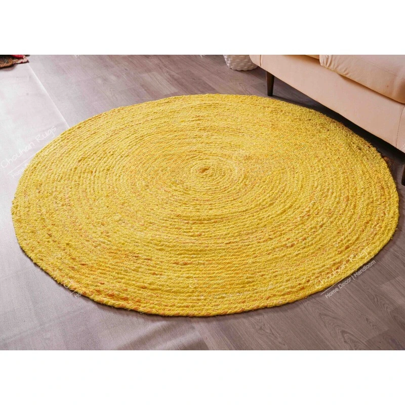 

Handmade Round Cotton Dhurrie Rug Yellow Circle Chindi Rug Cotton Area Rugs