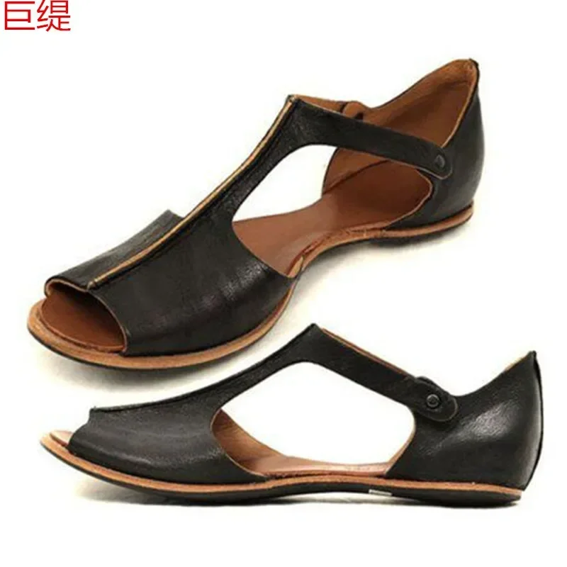 Summer Woman Sandals PU Buckle Strap Flat Toe Peep Toe Shallow Comfy Soft Retro Wedge Zapatos De Mujer Women Shoes Size 36-44