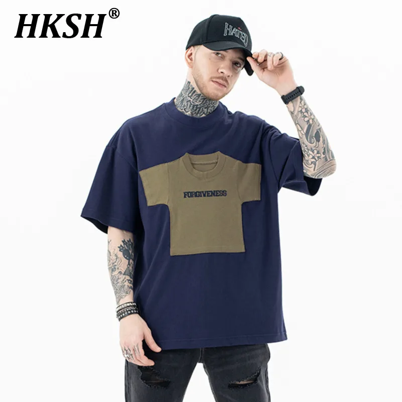 

HKSH Men's Tide Streetwear Spring Summer New Trend Punk Spliced Pocket Decoration Tees Loose Fashion Patchwork T-shirts HK1766