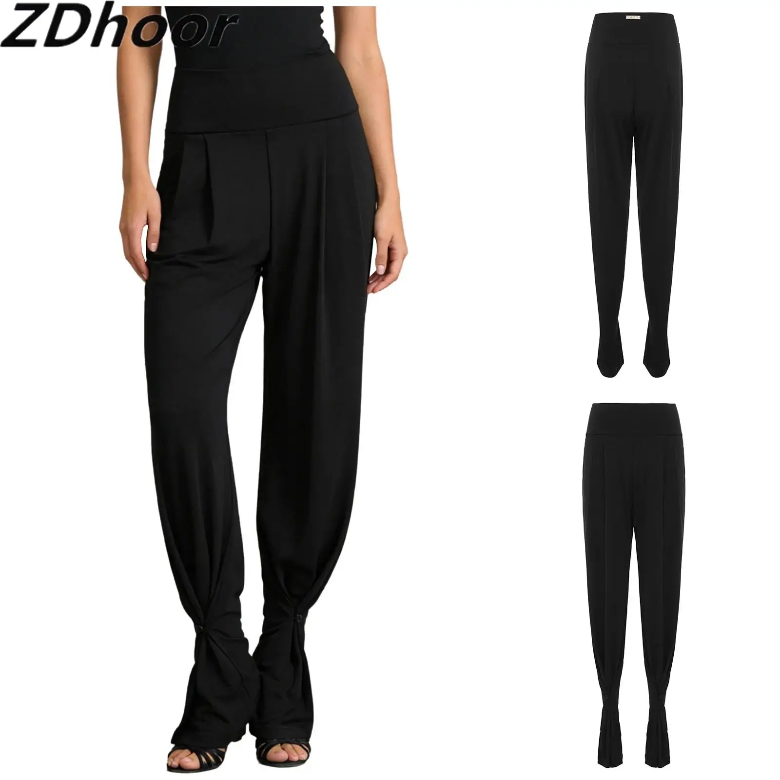 

Womens Latin Dance Trousers High Waist Wide Band Belly Control 2-in-1 Convertible Straight-leg Long Pants for Tango Cha-cha