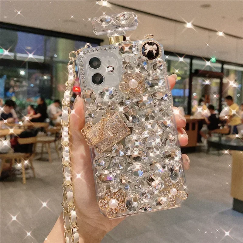 

Bling Perfume Bottle Case For Samsung Galaxy S24 S9 S10 S20 Plus S21 S22 23Ultra Note20 10 Pumpkin Carriage Bear Covers Strap