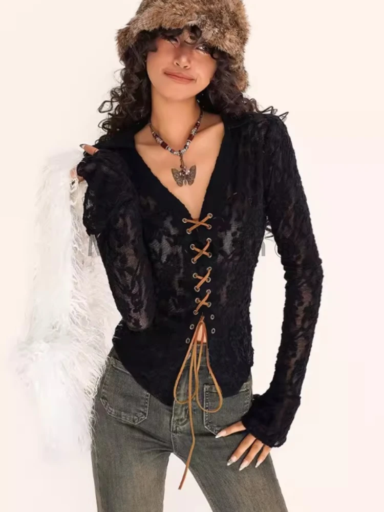 France Elegant Lace Flare Sleeve Tops Women Fashion Y2k V Neck Solid Base Shirt Female Design Sexy Lace Up Single Piece Top New