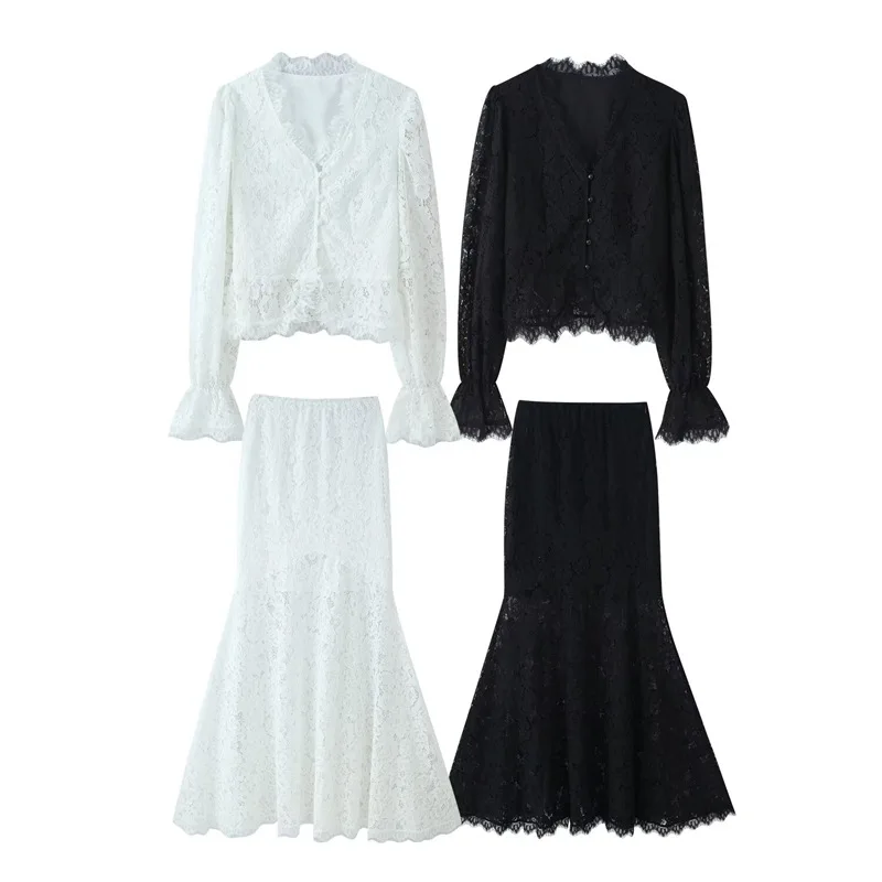 Withered Two Tone Lace Patchwork Top High Waisted Half Skirt Set New Two Piece Set Women's Suit Ropa Mujer