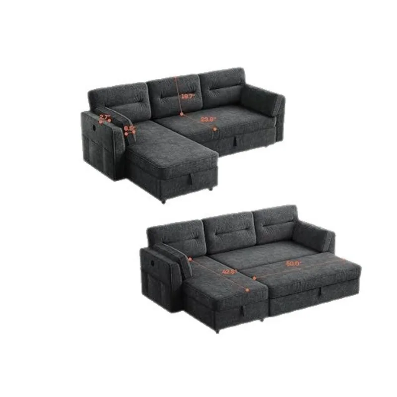 Sofa bed with flippable storage rack, pull-out convertible cloud chenille sofa