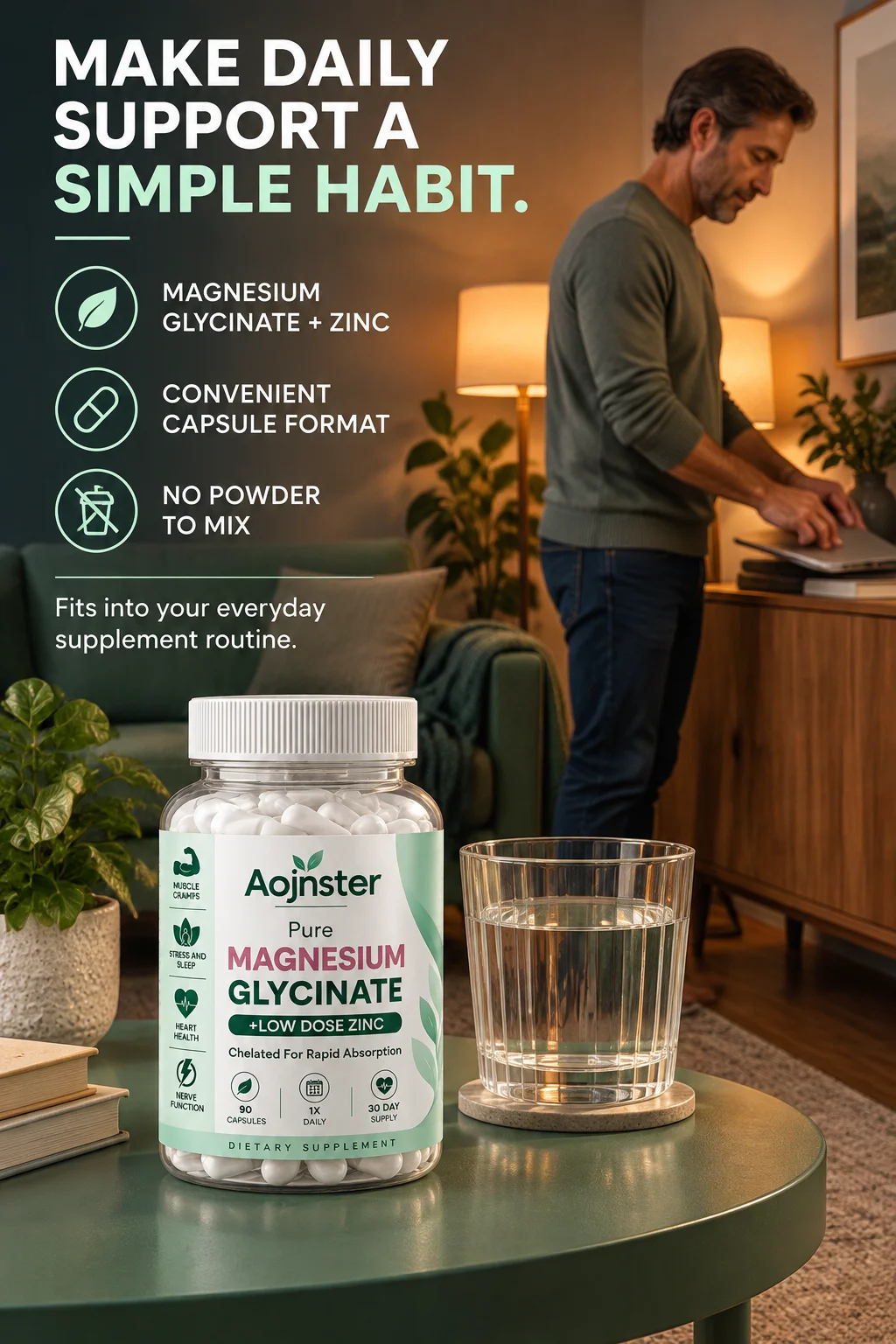 Aojnster Chelated Magnesium Glycinate with Zinc Dietary Nutrient Blend Capsules for Adults Men Women 90 Count
