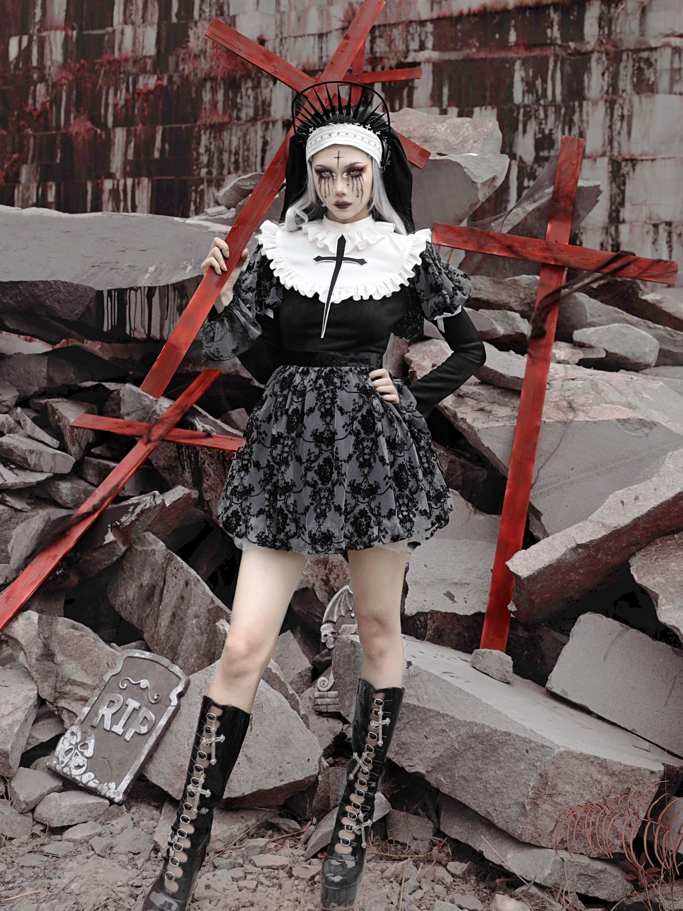 Blood Supply Original Gothic Black Cross Dress Nun Halloween Flocking Long Bubble Sleeve Mesh Rose Mini Dress Autumn Spring