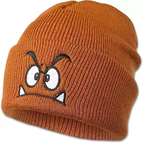 Funny cartoon knitted hat, bean hat, outdoor winter hat embroidered angry expression ski hat