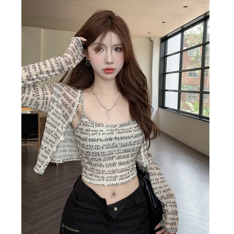 

Early Autumn Slim Fit Spicy Girl Camisole Long Sleeved Cardigan Women's Summer New Short Top Two-piece Set Female Clothing