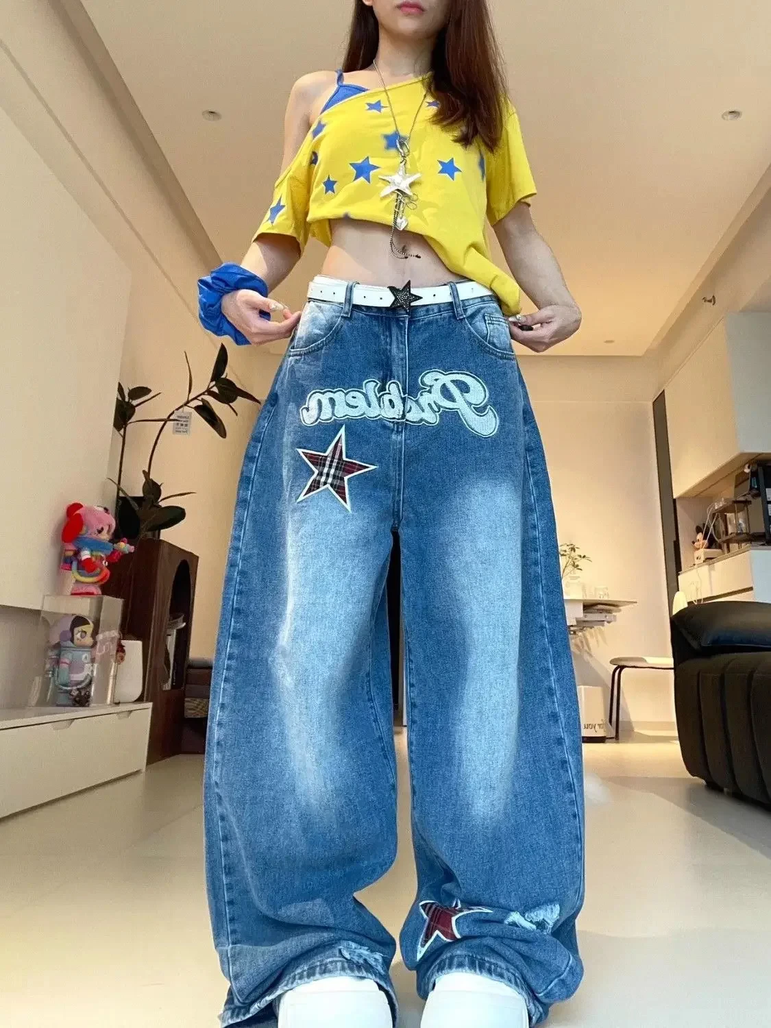 

New Fashionable Low Waist Wide Leg Jeans Women's Summer High Fashion Star Patch Straight Hair American Retro Letter Knife Edge
