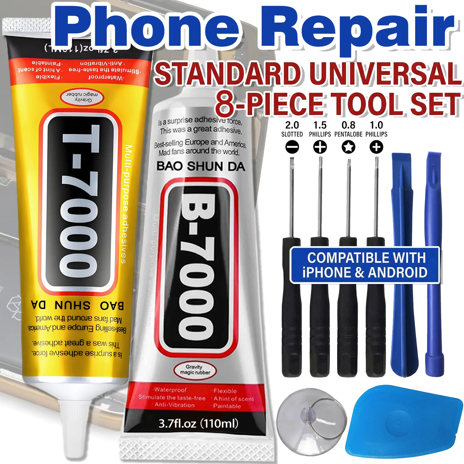 B7000 Universal Mobile Phone Screen Phone Glass Bonding Agent, Adhesive T7000 super Glue black extra strong,Mobile Phone Repair Tools Disassemble Repair Kit for iPhone Screwdriver Combination Skid Multi Function Disass