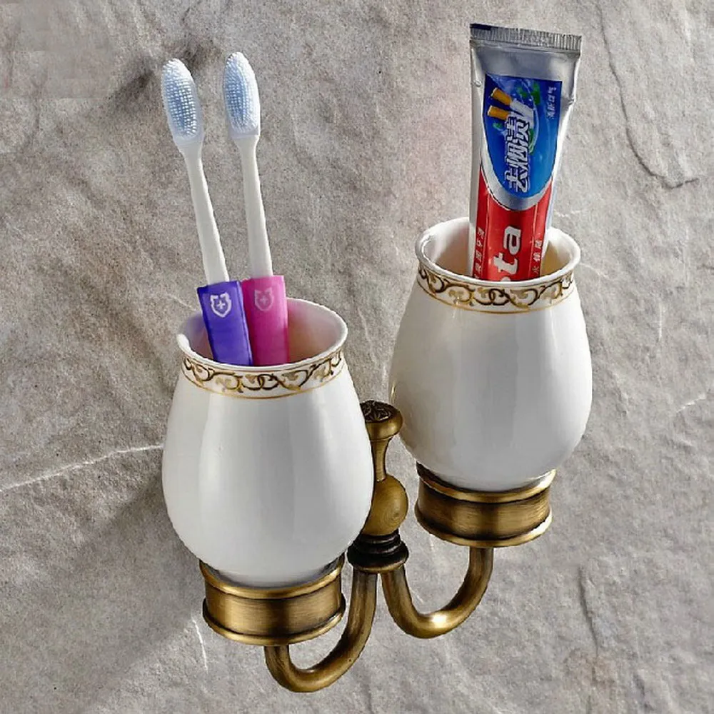 

Classic Antique Brass Hotel Bathroom Wall Mount Double Lace Ceramic Cups Toothbrush Holder 2ba495