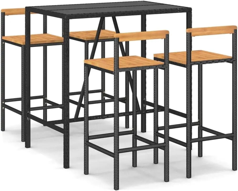 5 Piece Patio Bar Set Black Poly Rattan& Solid Wood Acacia-28046