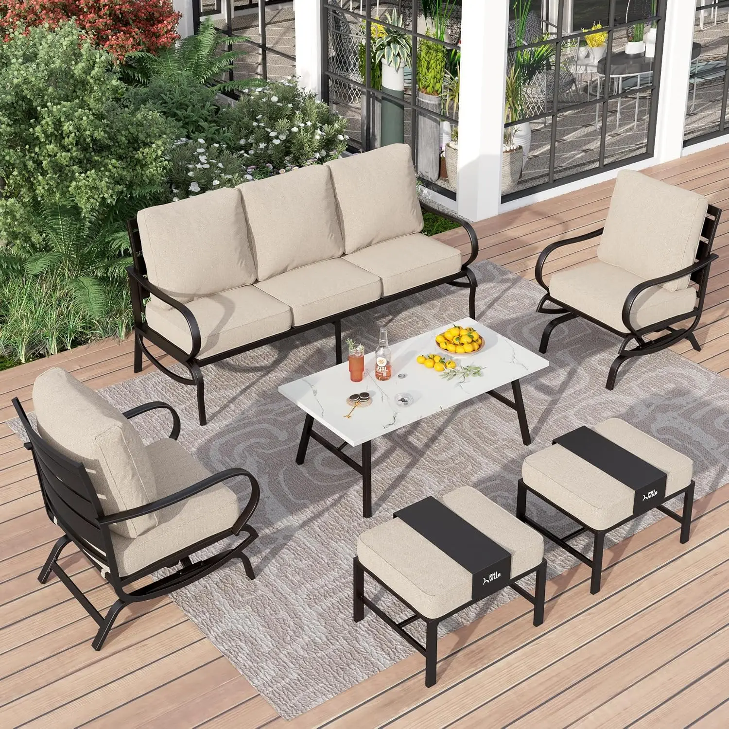 6 Piece Patio Furniture Set - 3-Seat Bench, 2 C-Base Chairs, 2 Ottomans & Coffee Table for 5-7 People