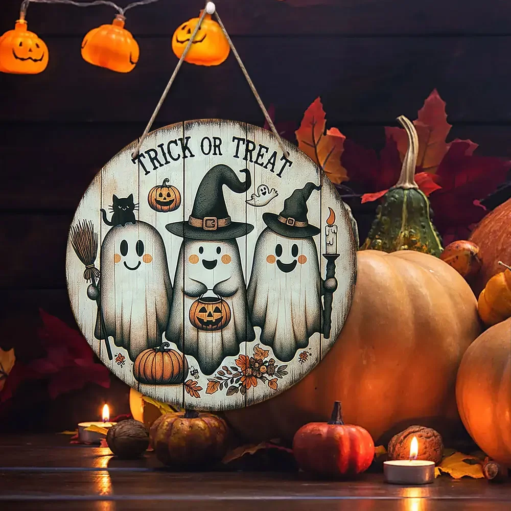 1Pc, 2D Wooden Halloween Three Cute Ghost Broom Spoof Pumpkins 7.9Inch/20Cm Round Hanging Sign Wall or Door Decor Wall Art