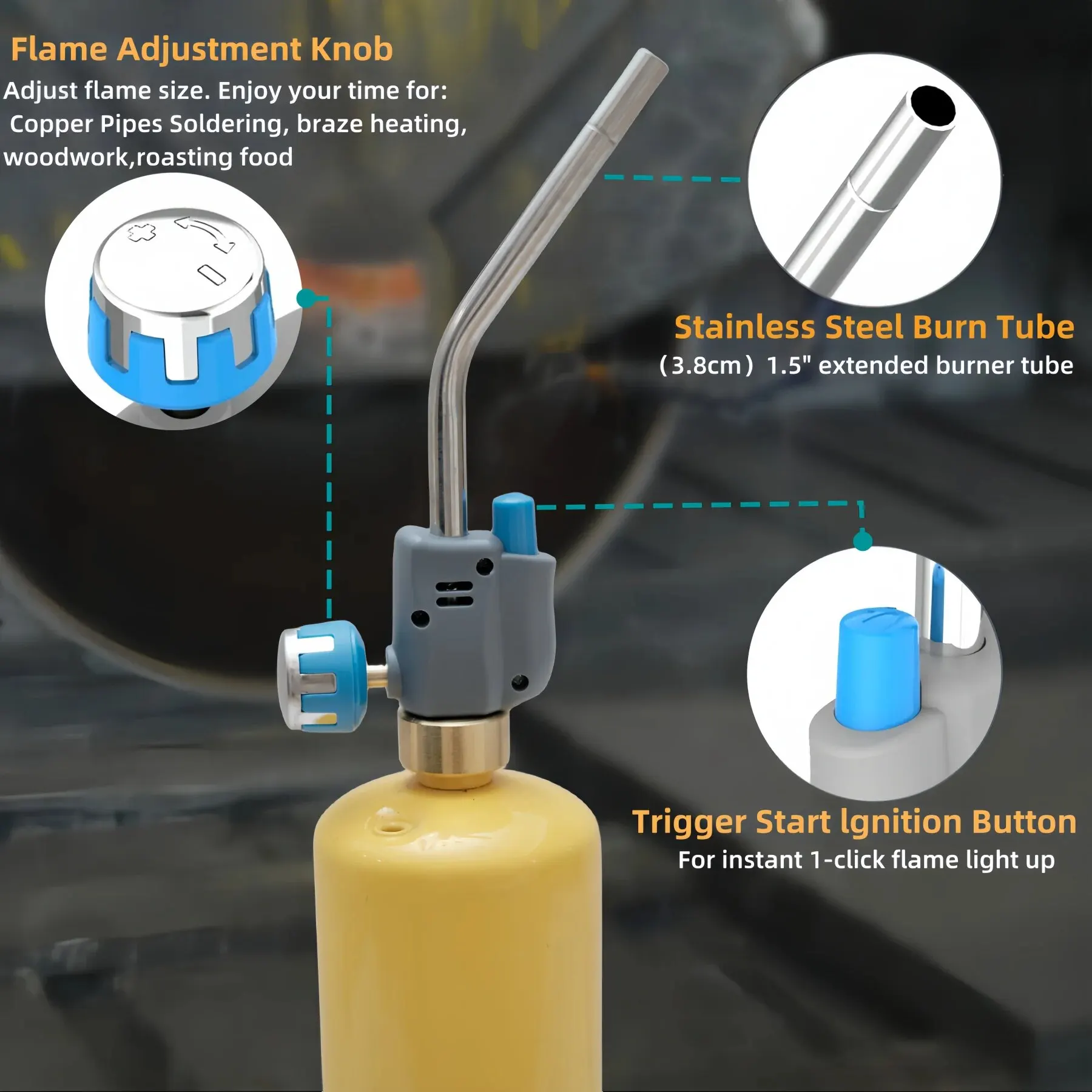 Propane Gas Torch with Igniter, Adjustable Flame MAPP Welding Tool, 1.5 \