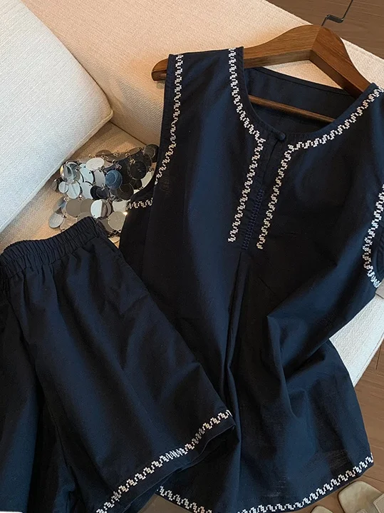 Korean Japanese High-End Embroidery Sleeveless Vest Set Women's Simple Fashionable Slimming Shorts Two-Piece Set Casual Summer