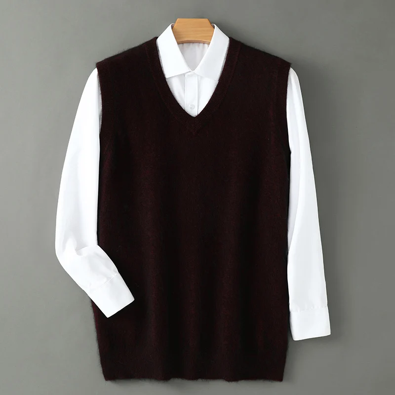 Men V-neck Sweater Vest Pullover Autumn Winter Basic Casual 100% Mink Cashmere Knitted Soft Sleeveless Waistcoat Top