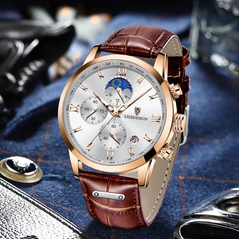 LIGE Business Mens Watches Brand Luxury Leather Waterproof Sport Quartz Chronograph Military Watch Men Clock Relogio Masculino