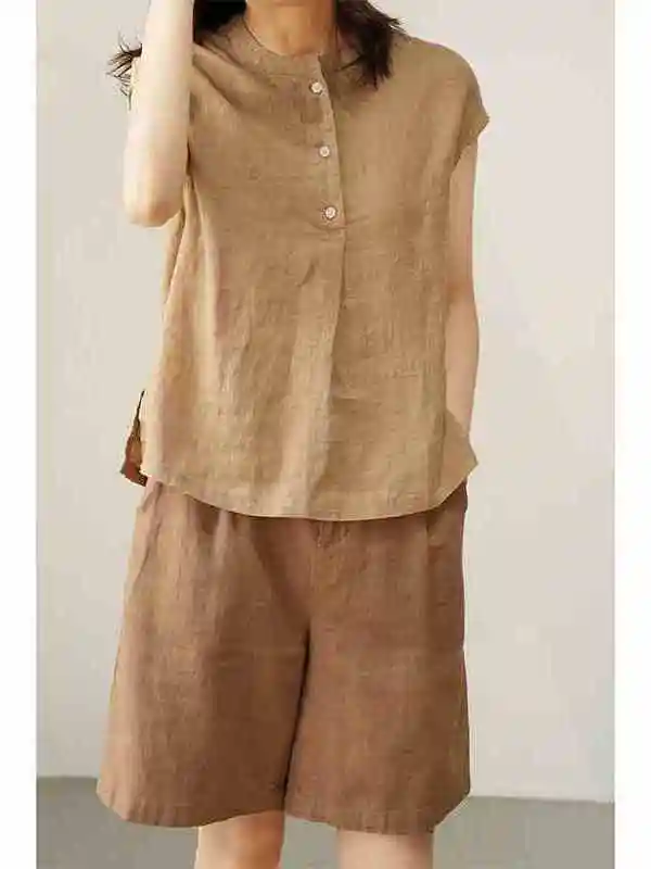 ゆったりとした綿麻のスウェットシャツ、女性用夏物薄手トップス、ボタンデザイン、無地、通勤、カジュアルなスウェットシャツ
