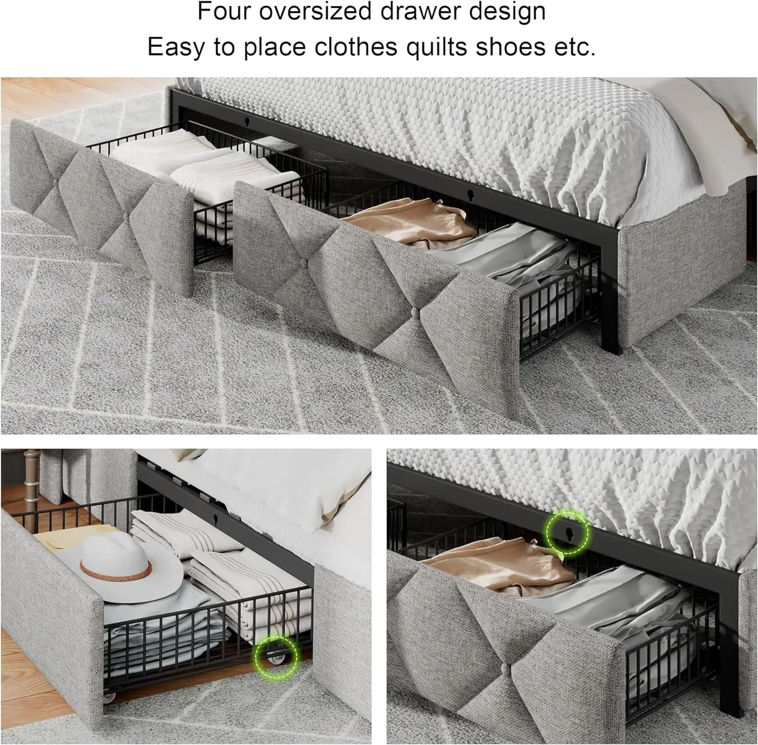 Bed Frame with Storage Drawers,Upholstered Button Tufted Headboard,Heavy Duty Slats Support, No Box Spring Needed, Noise-Free