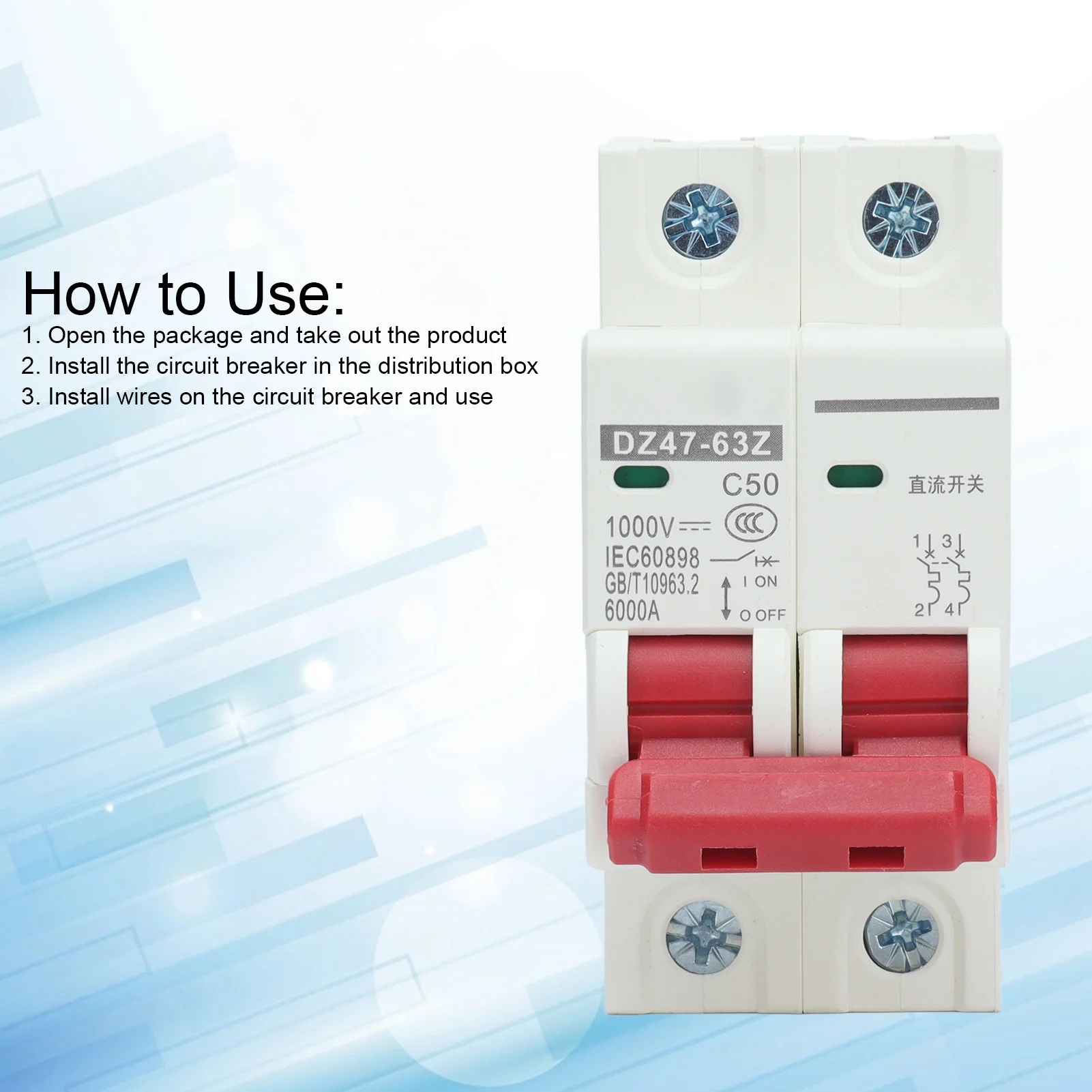 Miniature Circuit Breaker 2P Solar PV System Isolator DIN Rail Mount 1000V 50A DZ47‑63Z C50  Miniature Circuit Breaker