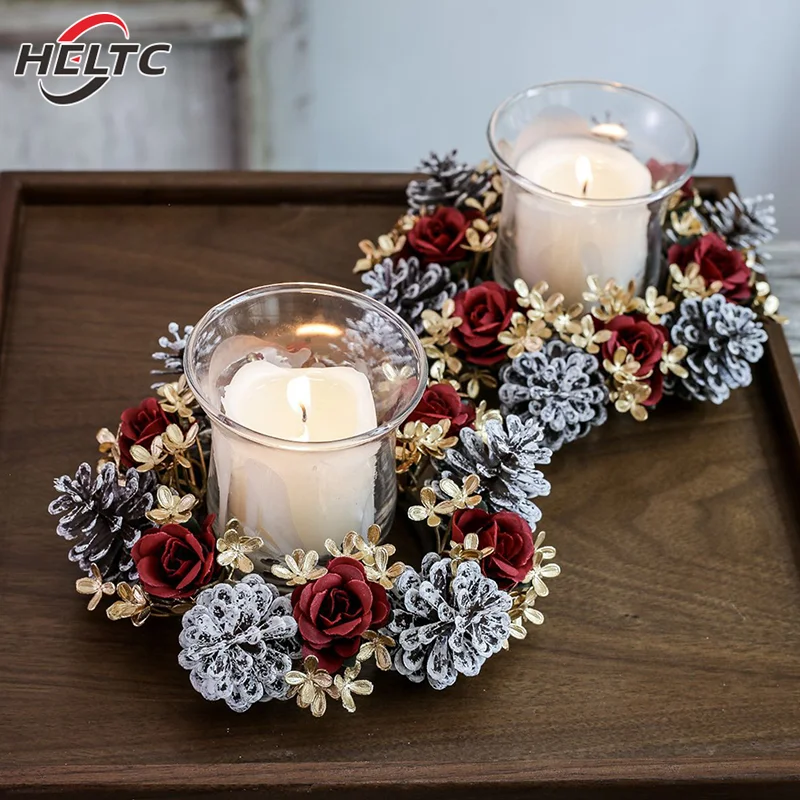 1pcs Christmas Candlestick Wreath Artificial Flowers Garland Candle Ring Xmas Table Decoration Candle Holder Wreath Home Decor