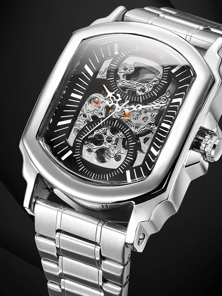 WINNER Original Factory Rectangle Stainless Steel Skeleton Large Man Watch Automatic Movement Mechanical Clock Male Wristwatches