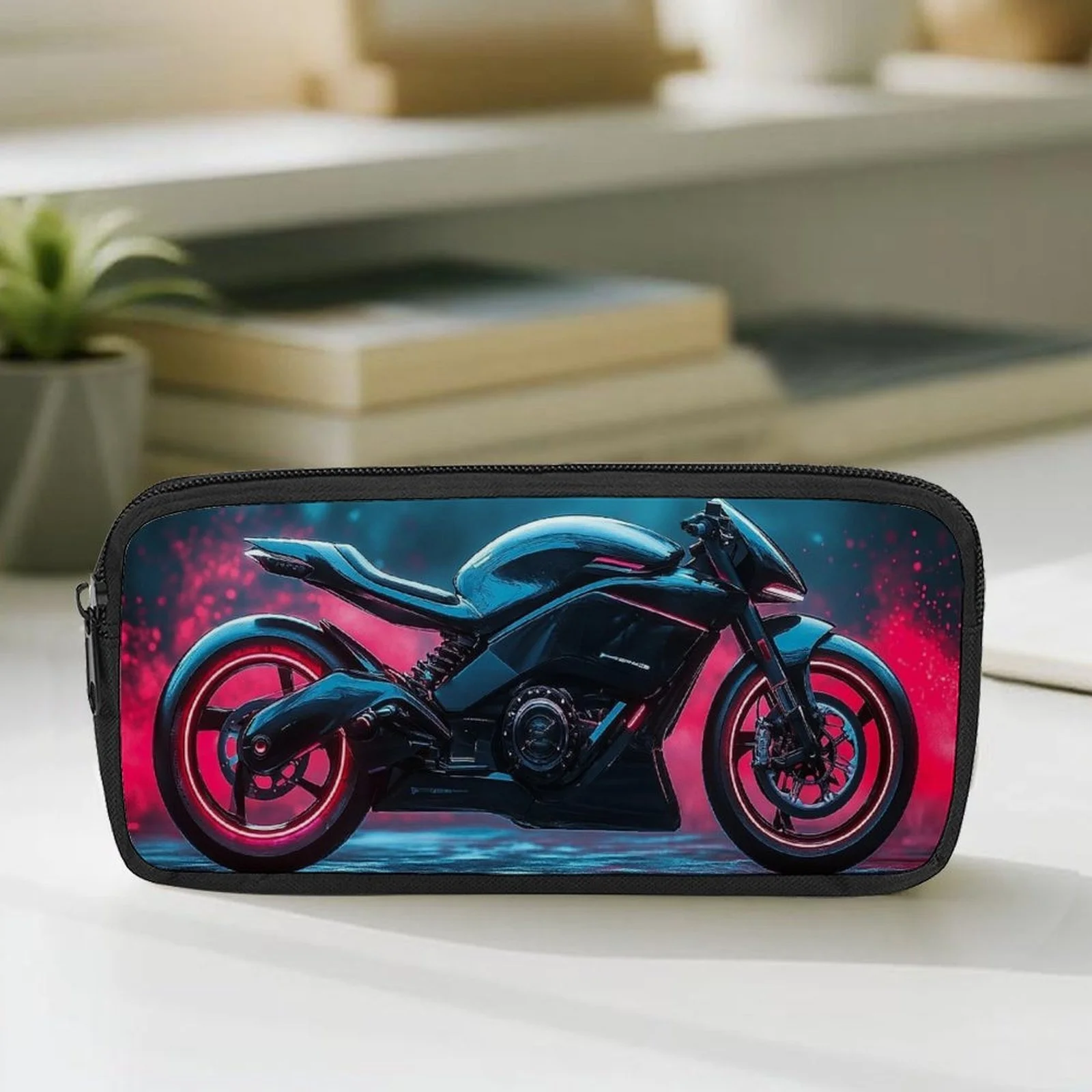 Estuche para lápices con diseño de motocicleta y luces de neón - Negro/Rosa, con detalles en verde neón y rosa, gran capacidad, cierre de cremallera, para oficina